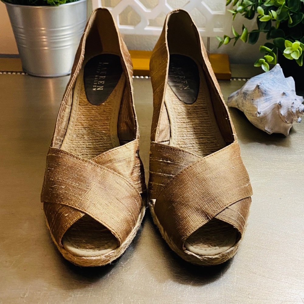 RALPH LAUREN RAW SILK WEDGE PEEP TOE